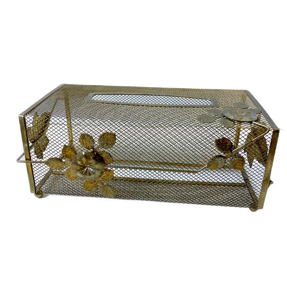 Midcentury Tissue Holder Cottagecore Gold Toned Mesh Ivy Flowers